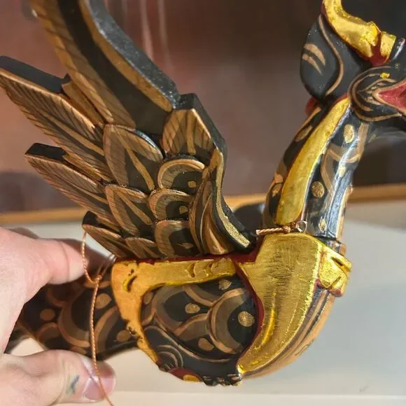 Vtg 90s 11.5" Dragon Naga Flying Hanging Green/Gold Handmade Wooden Bali Folkart - Picture 11 of 15